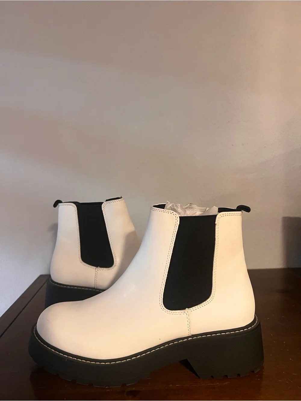 Madden Girl White Chelsea Lug Sole Ankle Boots with Black Elastic - White Pari